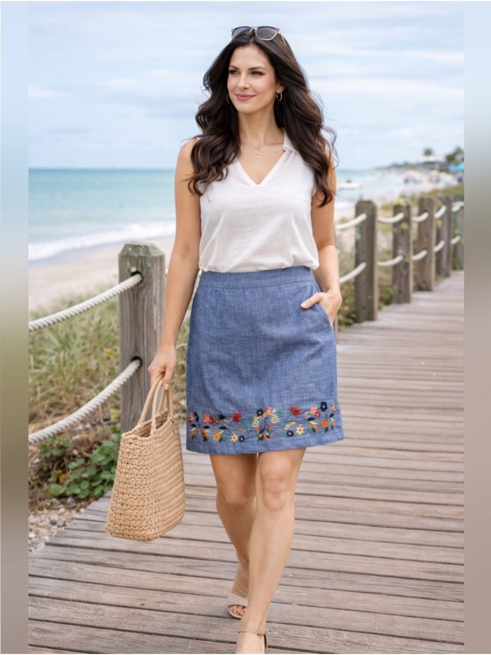 Talbots Embroidered Linen A-line Skirt Blue Chambray Size 10 EUC Boho